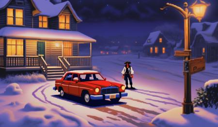 01184-cars parked in a snowy street at night with a house in the background. lcas artstyle. dusk setting. A weary pirate adventurer st.png
